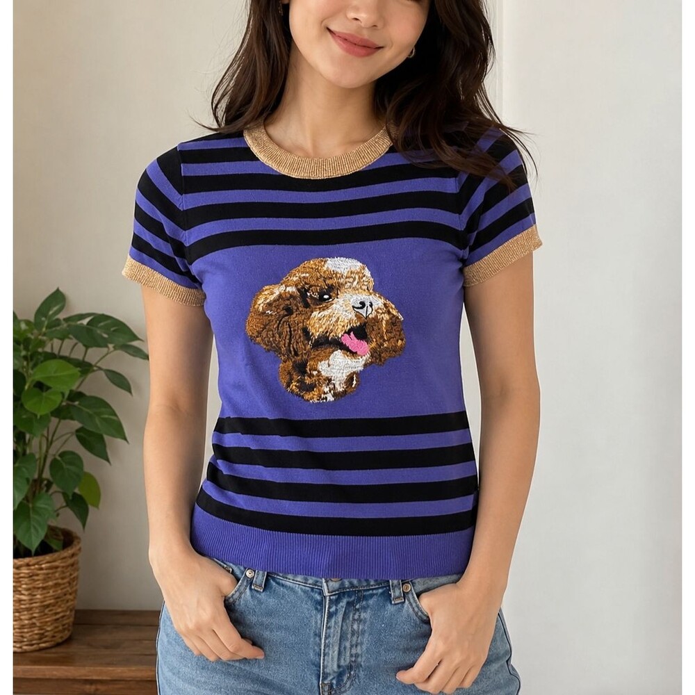 Kamiseta Dog Embroidered Knit Top Purple Black Striped Sweater Size Large